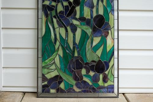 Handcrafted hanging stained glass window panel Iris Flowers, 20" x 34" HF448 - Thumbnail 7