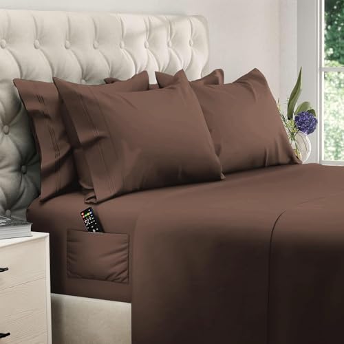 Image of DREAMCARE California King Sheet Sets - 6 pcs Breathable Cooling Sheets | up to 21 inch Extra Deep California King Sheets with Side Pockets -Extra Soft 100% Double Brushed Hotel Luxury Bedding MochaBrown