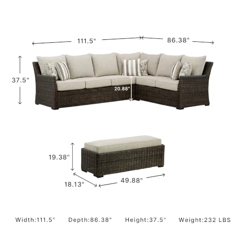 Image of Signature Design by Ashley Brook Ranch Outdoor Sectional, 3-Piece Patio Furniture Set with Rust-Free Aluminum Frame, L Shaped Resin Wicker Couch and Bench for Backyard Entertaining, Beige & Brown