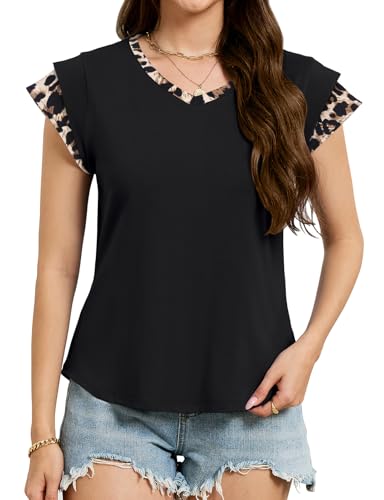 Tanst Sky Cotton Shirts for Women Loose Fit, Womens Cap Short Sleeve V Neck Tops Ladies Lightweight Basic Tees Trendy Casual Summer Office Work Shirt, Black Leopard-2XL