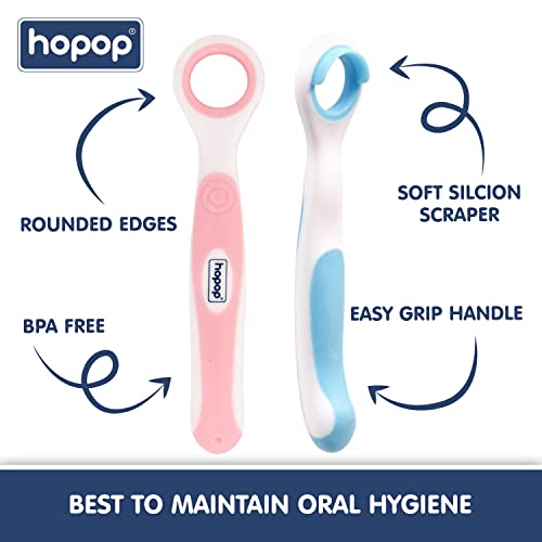 Image of Hopop Tongue Cleaner for Baby | Rounded Edges Baby Oral Cleaner Toothbrush | 100% Safe Kids Tongue Cleaner | Suitable from 3+ Months | Pack of 2 | Blue & Pink