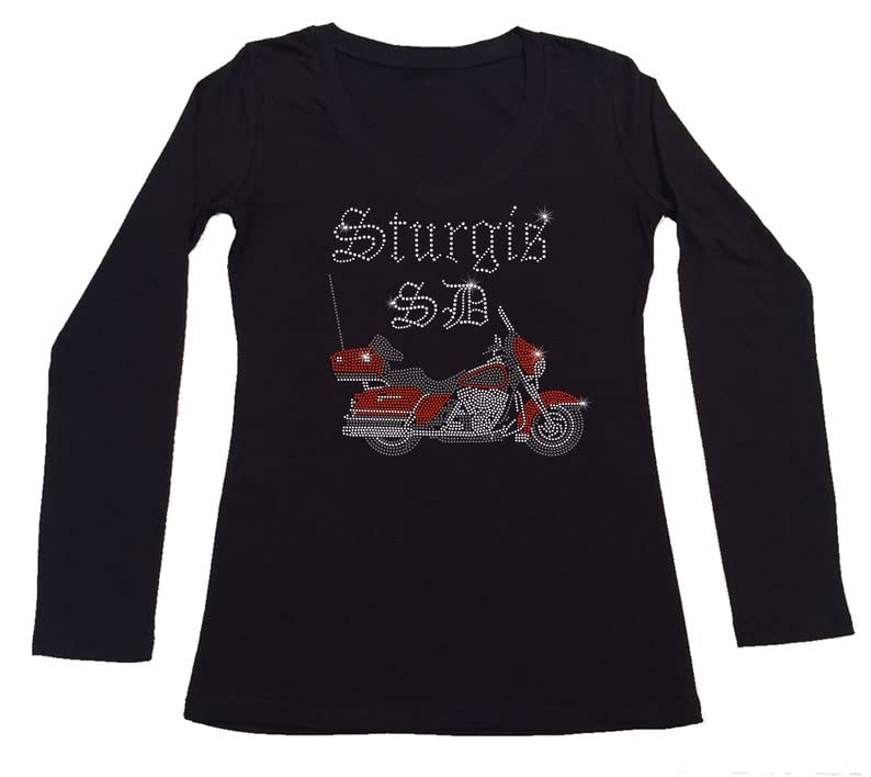 Women's Rhinestone Fitted Tight Snug Sturgis South Dakota Motorcycle Rally Shirt - Motorcycle Festival, Rhinestone Motorcycle (Black Long Sleeve, 3X)