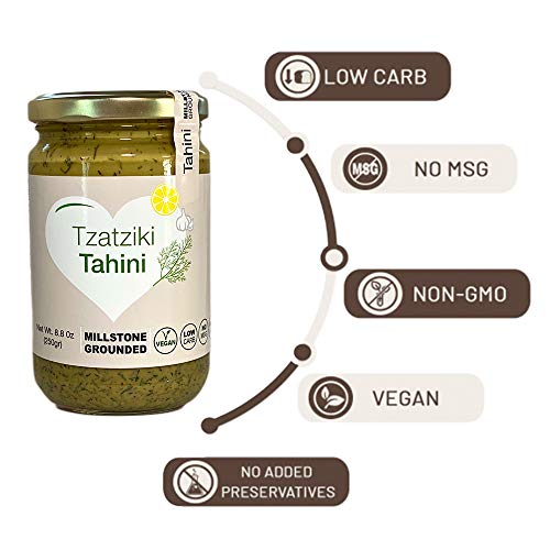 The Tahini Goddess Tahini | Kosher Pure Mill Stone Raw Sesame Seeds Paste | Hummus, Salad Dressings, Dips and Sauce | Gluten Free | Vegan | Non GMO (Tzatziki, 8.8 Ounce)