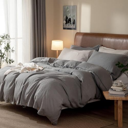 CHUFFED Linen Duvet Cover Single, Natural Linen Cotton Duvet Cover 2 pcs Bedding Set Soft Anti Allergic Breathable Bed Quilt Cover with Button Closure,140x200cm Gray - Image 2