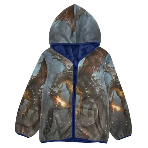 Fierce Dragon Breathes Fire Sky Toddler Fleece Jacket Girl Boys Hooded Fleece Jacket Coat Warm Outwear Zip-up 3-10T