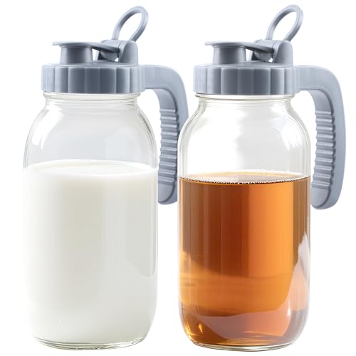 Mason Jar Pitcher 64 OZ (2 Pack) Wide Mouth Glass Pitcher With Pour Spout Lids 2 Quart Airtight Leak Proof Water Pitcher With Handle For Iced Tea, Milk, Sun Tea, Lemonade, Juice, Iced Coffee