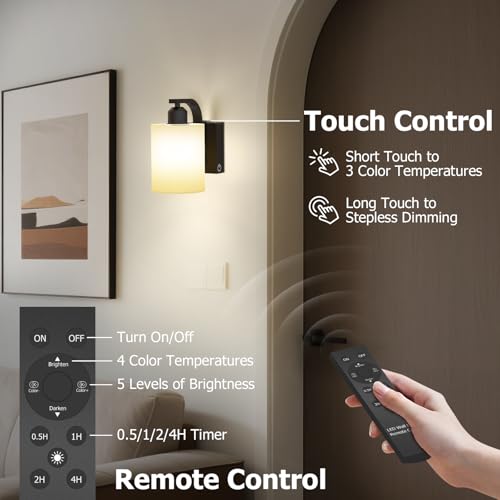 Image of iThird Wall Sconce Battery Operated Set of 2, 6000mAh Rechargeable Wall Lights with Touch Control and Remote Control, Wireless Wall Lamps for Bedroom, Black Sconces Wall Decor for Living Room Hallway