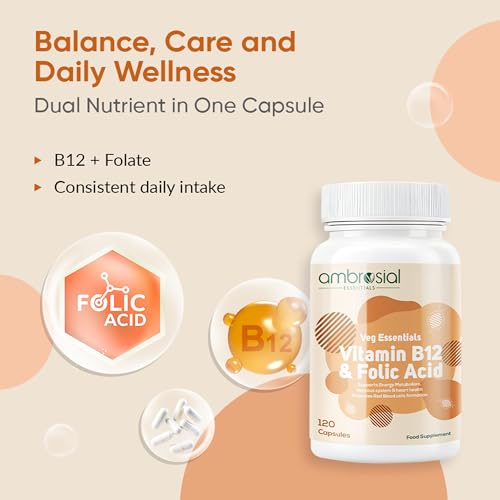 Ambrosial Vitamin B12 Supplements 1000 mcg (Cyanocobalamin) with Folic Acid 500 mcg Tablets – Dual Nutrient Formula – Vegan B12 Supplement for Women & Men – GMP Certified – 120 Capsules (4 Months Supply) — Vitamin B12 Supplements - image 2