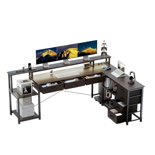 Aiorber Escritorio en forma de L con cajones, mesa de juegos con enchufe, LED y soporte para monitor, 200 x 146 cm, mesa de ordenador para oficina, estudio, dormitorio (negro)