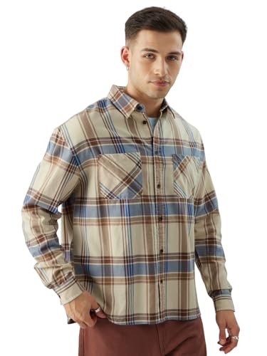 Image of The Souled Store Checks: Blue Yellow Men and Boys Long Sleeve Collared Neck Button Front Relaxed Fit Shirts Shirts Casual Plaid Button-Down Long Sleeve Checks Checkered Casual Workwear Fashionable