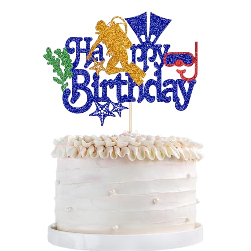Qertesl Decorazione per torta di compleanno con scritta in lingua inglese "Diving Happy Birthday", blu glitterato, per immersioni subacquee, sport subacquei, per pensionamento, viaggi, immersioni,
