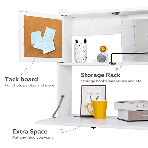 Yusing Floating Desk, Wall Mounted Computer Desk Workstation With Storage Compartments & Cork Board For Home, Office(White) #TOP3