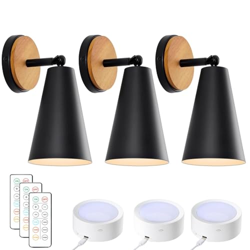 3 Pack Matte Black Battery Operated Wall Sconce, Rechargeable Wall Sconce, Wall Sconces Battery Operated with Remote Control, Rechargeable Sconces for Gallery, Living Room 3 Pack-Recharge-Wo