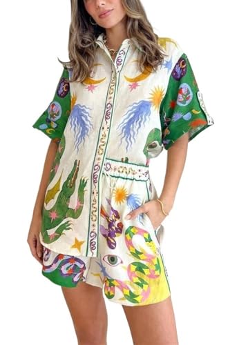 fzmnwwc Summer Printed Fashion Casual Pajama Set, Printed Short Sleeved Shorts, Home Clothing Set(Small) Green