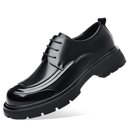Image of Men's Genuine Leather Platform Chunky Heel Oxford Shoes Classic Casual Lace Up Round Toe Lug Sole Dress Derby Shoes Work Office Business Height-Increasing Shoes
