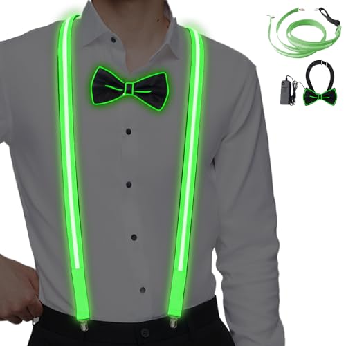 PLLYPE Lysande LED-hängslen för män och fluga, 2 stycken/set lysande hängslen med fluga, LED-hängslen män för halloweenfest, musikfestival, jul, kostymfest (grön), Grön, 1