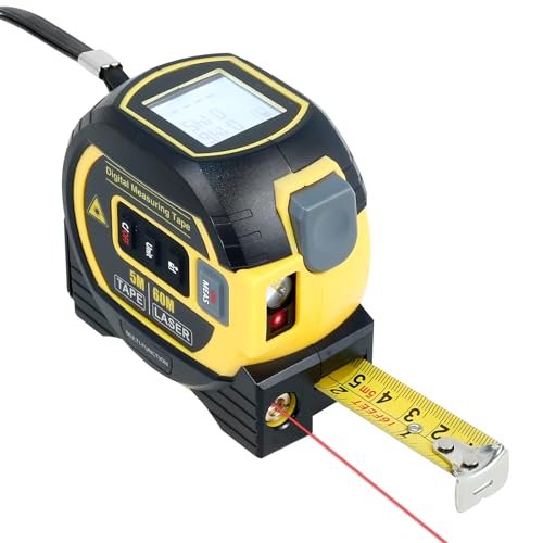 Laser Tape Measure, Digital Laser Distance Measure 196ft/60M with LCD Backlitght, ±2mm High Accuracy, Pythagorean/Area/Volume Calculation, M/In/Ft Unit with Retractable 5M Stainless Steel Tape Measure