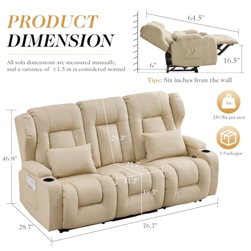Image of Loveseat Recliner Sofa with Flip Middle Seat,3 Seater Reclining Couch Wall Hugger Recliners for Small Spaces,Fabric Manual 3 Seater Sofa Recliner with Cup Holders /Lumbar Pillows,RV Furniture,Beige
