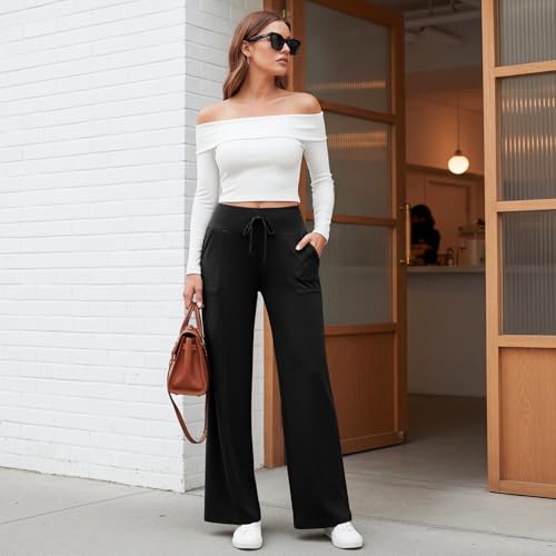 Image of TNNZEET 3 Pack Women's Wide Leg Pants with Pockets - Casual Loose Yoga Trouser Pants Sweatpants Palazzo Lounge Pajama Pants