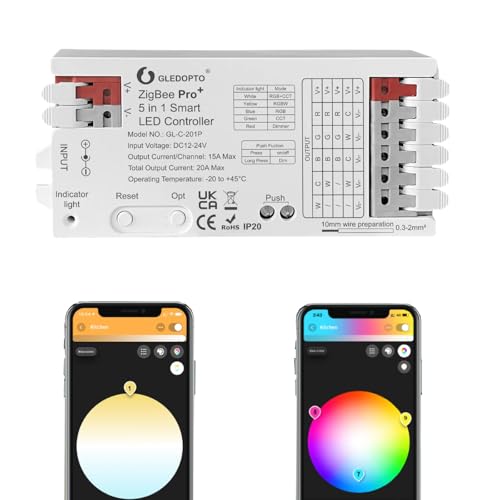 GLEDOPTO ZigBee 3.0 Pro+ 5 in 1/3 in 1 LED Controller 20A Max RGBCCT/RGBW/RGB/CCT/Dimmer Work with Alexa H*ue Tuya Smart Life APP Control (201p-5 in 1 LED Controller)
