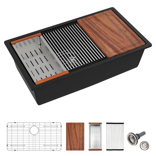 Logmey 33 Inch Granite Composite Kitchen Sink 33x19 Black Undermount Sink Ledge Single Bowl Under Counter Deep Workstation Kitchen Sinks,33x19x9 Inch