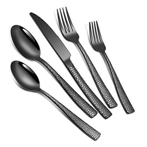 20-Piece Silverware Set, Black Hammered Stainless Steel Flatware Sets For 4, Food-Grade Tableware Set, Including Fork Knife Spoon Set, Durable Home Kitchen Cutlery Sets, Dishwasher Safe #TOP5