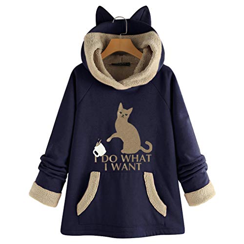 Tasty Life Pull à Manches Longues pour Femmes, Manteau De Sport Coupe-Vent Pull à Manches Longues Cache-Oreilles Décontractés pour Femmes Capuche en Molleton à Capuche Imprimé à Capuche(XXL,Blue) Cover