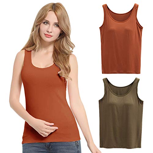 FEOYA Camiseta interior para mujer, paquete de 3 unidades, sujetador básico, push up, yoga, cuello en U, sujetador integrado, sin aros, acolchada, camiseta de tirantes para mujer, 2 Pack Marrón+Verde,