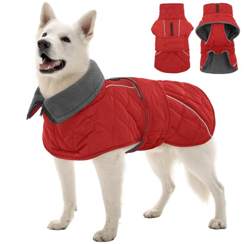 Kuoser Dog Coat, Super-Warm Dog Jacket Windproof Pet Cold Weather Coats for Extra Large Dogs, Fleece Lining Quilted Turtleneck Puppy Snowsuit Reflective Adjustable Doggie Winter Clothes, Red