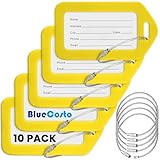 BlueCosto Luggage Tags (Small, Yellow, 10 PK) - Suitcase Tags w/Name ID Card & Heavy-Duty Metal Wire Loops - Bright Colored PVC Tags for Travel Baggage - Backpack Name Labels