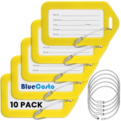 BlueCosto - Luggage Tags - Yellow, 10 Pack - Suitcase Tags with Name ID Card & Heavy-Duty Metal Wire Loops - Bright Colored PVC Identifiers for Travel Baggage - Backpack Name Labels