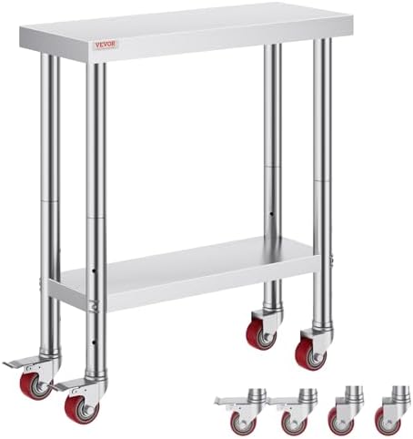 VEVOR Stainless Steel Work Table 30 x 12 x 34 Inch, 700 LBS Load Capacity with 4 Wheels, 3 Adjustable Height Levels, Heavy Duty Food Prep Worktable for Commercial Kitchen Restaurant, Silver