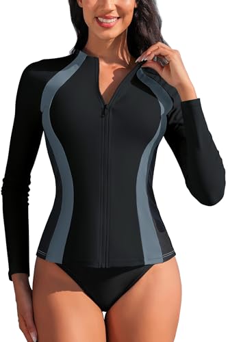 ATTRACO Womens Rashguard Long Sleeve Jacket Full Zip Wetsuit Tops UV Protection Swim Shirts Black S