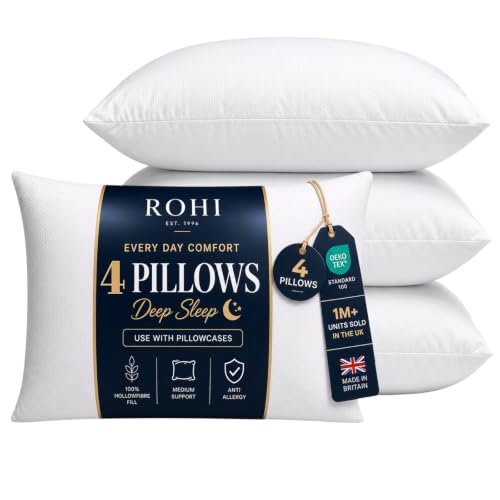 Rohi Everyday Comfort Pillows 4 Pack | Neck Support Hypoallergenic Pillow | Breathable Medium Firm Pillows for Back Front & Side Sleepers | UK Made 45 × 66 cm