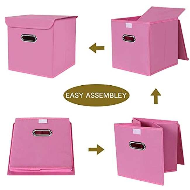 Fabric Storage Cube Bins with Lids Closet Organizers collapsible storage bins basket with Handles for Home,Storage Boxes for Organizing,3 Pack,(Pink)