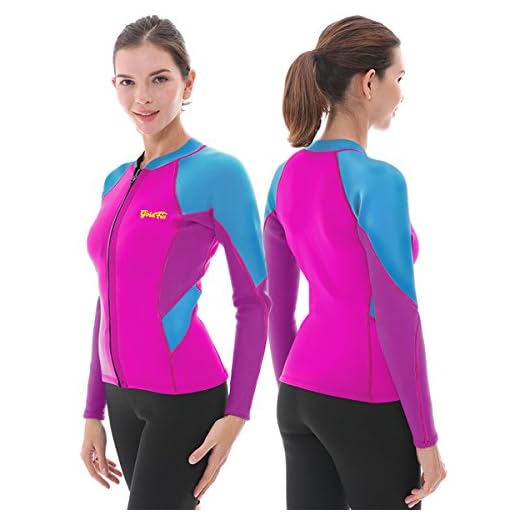 GoldFin Wetsuit Women Top, 2mm Neoprene Wetsuit Jacket in Cold Water Long Sleeve Wetsuit Shirt for Swimming Water Aerobics Diving Surf Kayaking Snorkel Suit (Fuchsia, S)