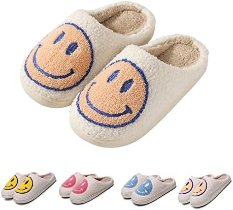 FACAXEDRE Retro Happy Face Slippers, Soft Plush Comfy Preppy Women Slippers, Smile Cushion Slides, Fluffy House Slippers for Men Beige 4.5-5.5