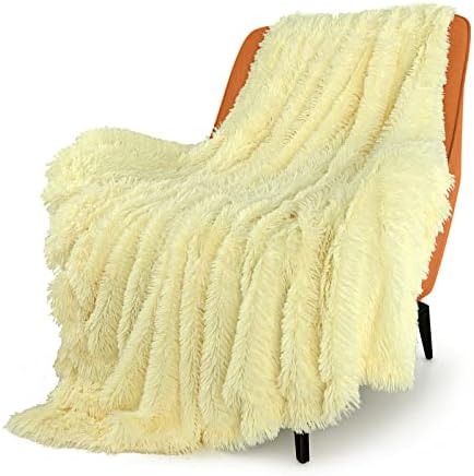 TOONOW Soft Fuzzy Faux Fur Throw Blanket,50"x60", Reversible Lightweight Fluffy Cozy Plush Fleece Comfy Furry Microfiber Decorative Shaggy Blanket for Couch Sofa Bed, Light Yellow