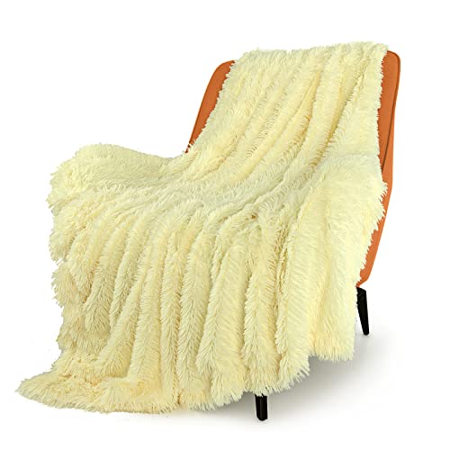 Toonow Soft Fuzzy Faux Fur Throw Blanket,50"X60", Reversible Lightweight Fluffy Cozy Plush Fleece Comfy Furry Microfiber Decorative Shaggy Blanket For Couch Sofa Bed, Light Yellow #TOP5