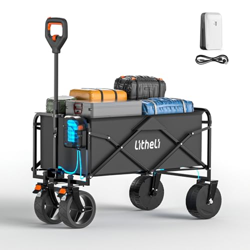Litheli 電動キャリーワゴン 坂道運搬 軽量 大容量100L 長距離航続 大型タイヤ アウトドアワゴン 無段変速 折りたたみ式 コンパクト こども乗せれる キャンプ/アウトドア/釣り/BBQ バッテリー付き W1 Go