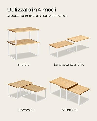 SONGMICS Scaffale Portaspezie, Set di 2 Organizzatori da Cucina Espandibili, Scaffale da Cucina Impilabile, Metallo e Legno Ingegnerizzato, Bianco Nuvola e Beige Naturale KCS02NW - 7