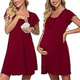 Meaneor Umstandsnachthemd Stillnachthemd Damen Kurzarm Umstandskleid Sommer Schlafanzug Geburtshemd mit Taschen für Schwangere Nachthemd Stillen Weinrot S