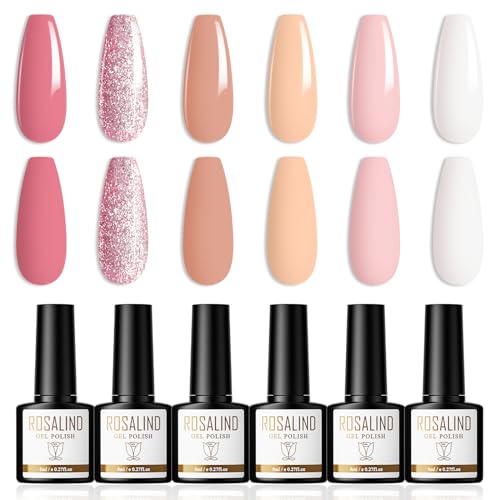 ROSALIND Vernis Semi Permanent 6 Couleurs Vernis Gel Rose Foncé Pailleté Rose Pale Blanc 8ml UV LED Gel Nail Polish Soak Off Vernis à Ongles Convient Pour Manucure DIY, Salon de Manucure