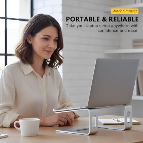 Image of ER Ergonomic Aluminium Laptop Stand for Table, Fits 10-16 Inch Laptops | Raises your laptop to eye level to improve posture and help reduce neck, back and eye strain during long sessions.