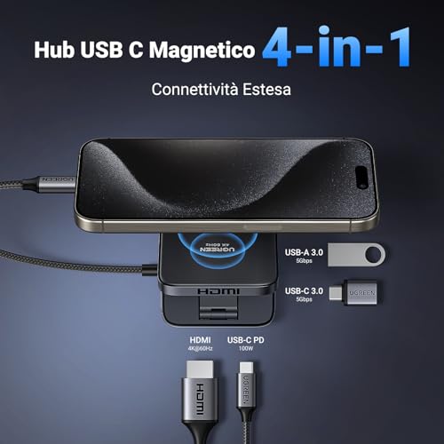 UGREEN Hub USB C HDMI 4K60Hz Adattatore Type C 5Gbps Carica PD 100W con Supporto Magnetico Pieghevole per Telefono Compatibile con iPhone 17 PRO Max Air iPad Air - Immagine 1