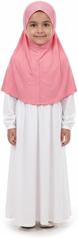 Girls Islamic Hijab, Pink, Embellished Headband, Full Coverage, Kids Prayer Headscarf