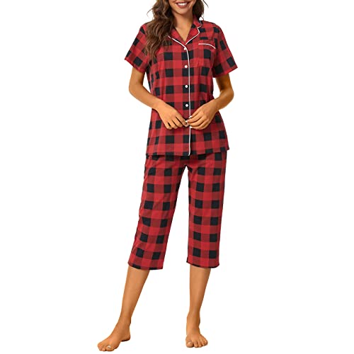 Image of Tugege Capri Pajamas Set Womens Button Down Short Sleeve Lounge Sets Sleepwear Notch Collar Top & Capri 2 Piece PJ Sets