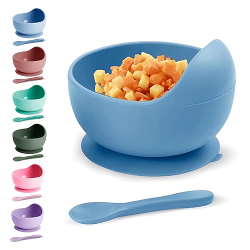 Xabono Baby Plates with Suction BPA Free for Easy to Wash Bowls and Silicone Spoon Ejoyable Desing First Food Plate Bowl (Light Blue) (SBBUK2022)