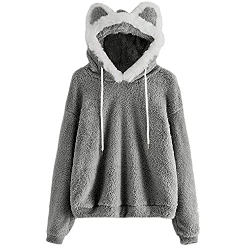 Ninedayx Sudaderas con capucha de forro polar para mujer, camisetas de invierno para mujer, camisetas de talla grande para mujer, camisetas de manga larga para mujer, lindas gorras de gatos, camisetas