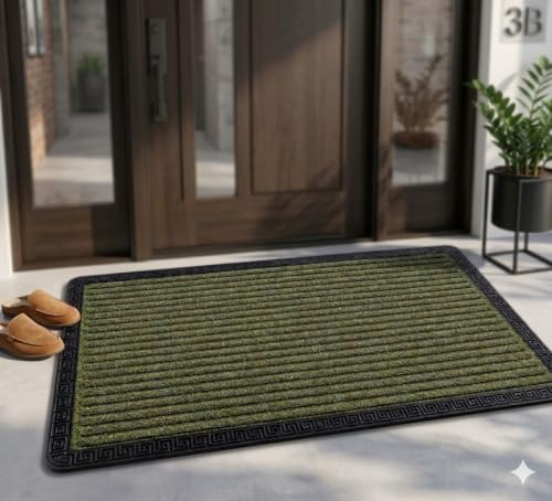 Image of Heavy Duty Front Door Mat 60 x 90 cm, Outdoor Indoor Welcome Mat, Non Slip Dirt Trapper Entrance Rug for Entryway, Patio & Porch,Washable Low Profile (Mehendi 2 x 3 Feet)